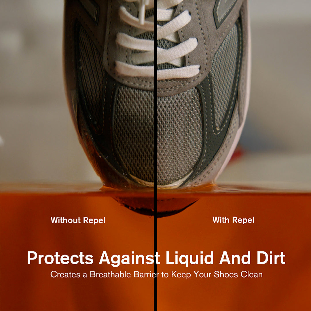 Split-image comparison of a gray mesh sneaker submerged in amber-colored liquid. The left side labeled "Without Repel" shows the liquid soaking into the shoe, while the right side labeled "With Repel" shows the liquid beading off without absorption. Text overlay reads: "Protects Against Liquid and Dirt – Creates a Breathable Barrier to Keep Your Shoes Clean."