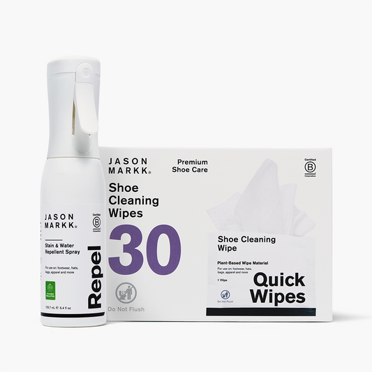 Jason Markk shoe care products including Repel and 30 pack Quick Wipes on a white background.