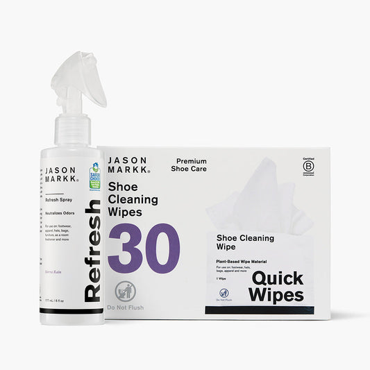 Jason Markk Refresh Spray and Quick Wipes in front of a white background.