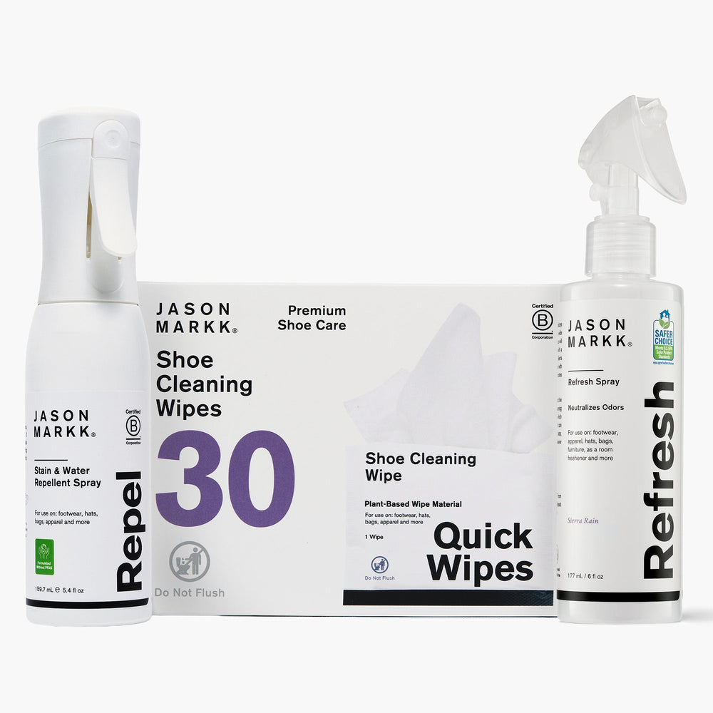 Three Jason Markk premium shoe care products displayed together on a white background: a 5.4 fl oz Repel Stain and Water Repellent Spray (PFAS-free, Certified B Corporation) on the left, a box of 30 plant-based Shoe Cleaning Quick Wipes (Do Not Flush) in the center, and a 6 fl oz Refresh Odor Neutralizing Spray in Sierra Rain scent (EPA Safer Choice certified) on the right. All products are suitable for footwear, hats, bags, apparel and more.