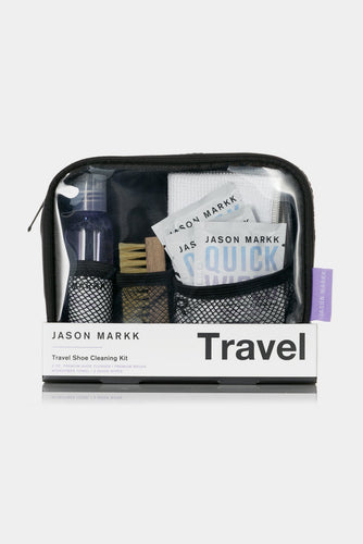 Jason Markk TSA Approved Travel Kit. Kit includes 2oz cleaning solution, travel size Premium Brush and Microfiber towel and 3 quick wipes all conveniently packaged in a ripstop case. 